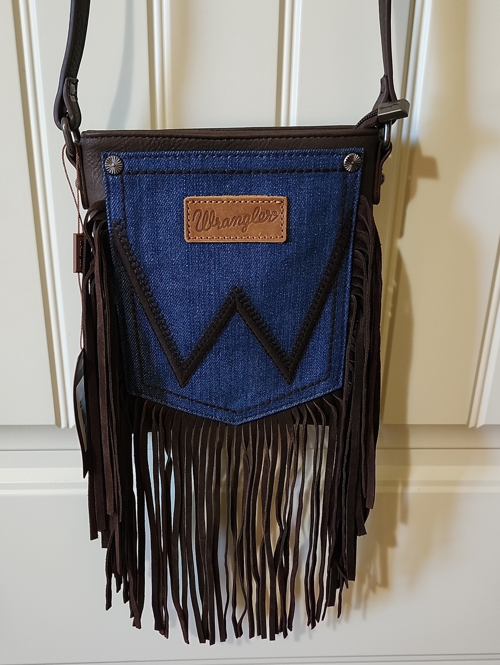 Wrangler Denim and Brown Fringe Crossbody Bag NWT